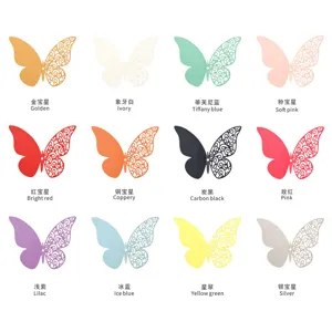 3D hollow pearlescent paper butterfly wall stickers, colorful DIY decor for weddings and homes.