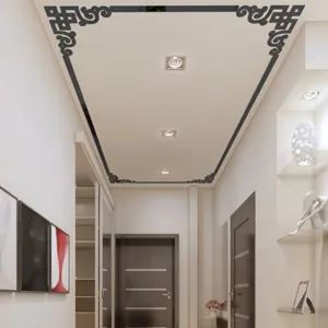 Detail shot showing 3D acrylic corner mirror wall stickers installed in a hallway ceiling decor.