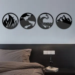 Scene detail showing four elemental black acrylic mirror wall stickers mounted on wall.