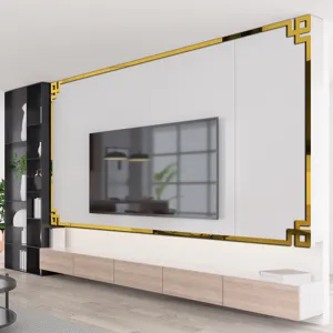 Golden acrylic mirror wall sticker corner trim, elegant decor for living room background.