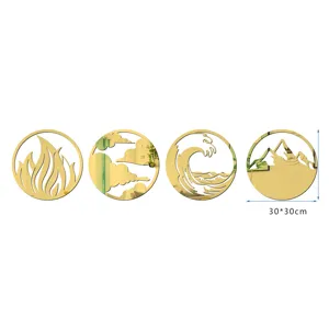 Detailed view of 4-piece 30x30cm round elemental acrylic mirror wall stickers set.