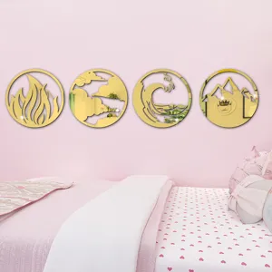 3D acrylic mirror wall stickers, four elements round wall decor for bedroom home interior.