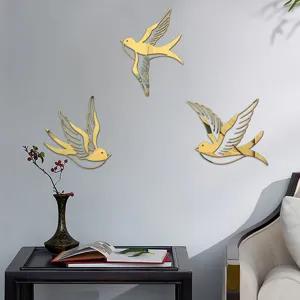 Gold acrylic mirror flying bird wall stickers for living room bedroom home decor details.
