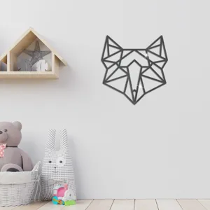 Detailansicht des geometrischen Wolfskopf Acryl Spiegel Wandaufklebers im Kinderzimmer.