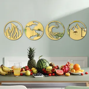 3D acrylic mirror wall sticker set, four elements round gold decor for modern home living room.