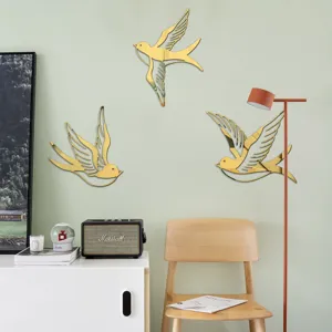 Gold Acrylic Mirror Bird Wall Stickers 3D Swallow Wall Art Home Living Room Decor