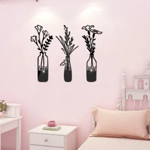 3D hollow vase acrylic mirror wall sticker, self-adhesive home decor room detail view.