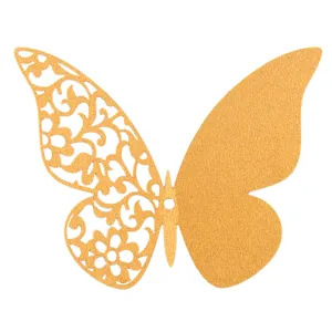 Gold hollow butterfly wall sticker detail close-up showing intricate floral cutout design.