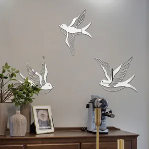 Acrylic mirror bird wall sticker detail showing the reflective surface and home decor setup.