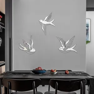 Acrylic mirror flying bird wall stickers detail scene displaying modern home living room decor.