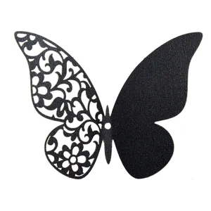 Detail shot of black 3d hollow butterfly wall sticker with floral vine hollow design.