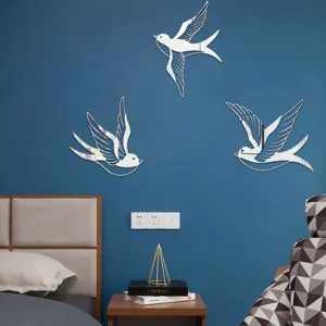 Acrylic mirror swallow wall stickers for living room bedroom decor, shiny silver flying birds.