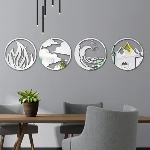Acrylic wall mirror set 3d round four elements stickers home decor mirror art.