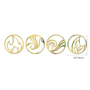 Set of 4pcs 3D Four Elements Acrylic Mirror Wall Stickers Gold Round Wall Decor 20x20cm