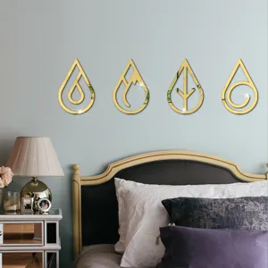 3D acrylic mirror wall sticker set featuring four elements design for modern home decor detail.