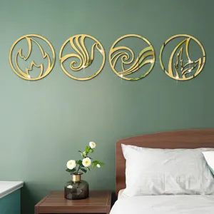 3D Acrylic Mirror Wall Stickers Four Elements Round Decorative Wall Art for Bedroom Home Decor