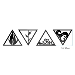 Detailed view of 3D acrylic mirror wall stickers showcasing four elemental triangle designs.