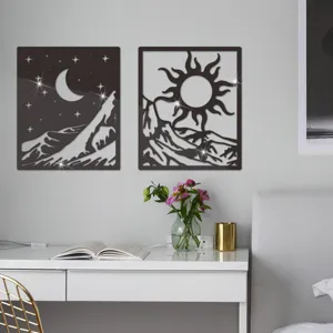 Detailed view of 3D acrylic sun and moon mirror wall stickers, modern home decor art.