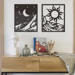 Detail view of 3d sun moon acrylic mirror wall stickers in modern home decor living room.