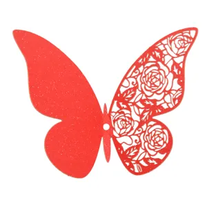 Red 3D hollow paper butterfly wall sticker, glitter and rose pattern for DIY home wedding decor