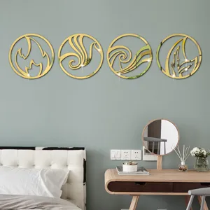 Acrylic four elements mirror wall stickers detail showcasing fire wind water earth design.