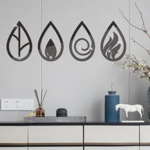 Detail view of four elements acrylic mirror wall stickers, modern minimalist home decor setup.