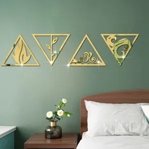 3D acrylic mirror wall sticker set, gold triangle four elements decorative art for bedroom.