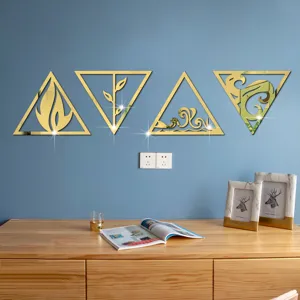 Detailed view of 3D acrylic mirror wall stickers featuring four elements in golden triangles.