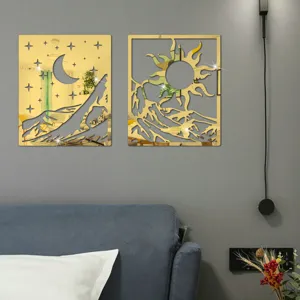Detailed view of 3D acrylic mirror wall stickers featuring golden sun and moon art designs for decor.