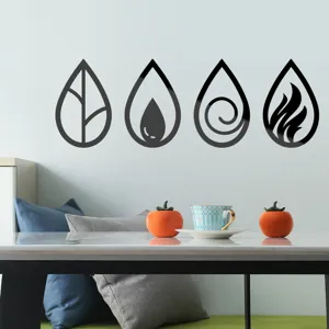 Detail view of 3D four elements acrylic wall sticker in modern home interior scene.