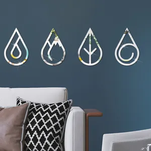 3D acrylic mirror wall stickers, water fire earth wind elements teardrop decor for living room.
