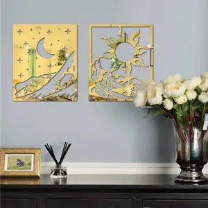 Gold acrylic mirror wall stickers 3D sun and moon decorative art for home bedroom wall art.