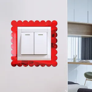 Acrylic mirror switch sticker with red scalloped frame design for home wall decoration.