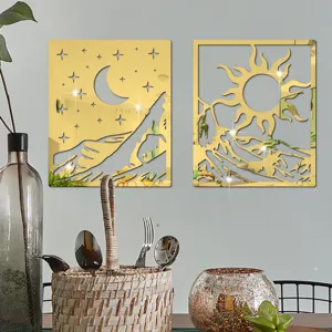 Gold acrylic 3D mirror wall stickers with sun moon and mountain patterns for home decor.