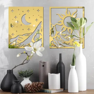 3D acrylic mirror wall sticker, golden sun and moon design for modern home decor.