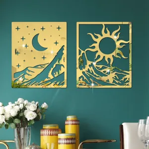 3D Sun Moon Acrylic Wall Mirror Sticker Gold Decorative Art Decal for Home Room Decor