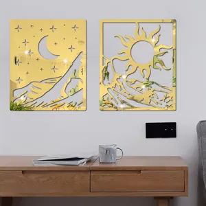 Detail view of 3D acrylic mirror wall stickers featuring sun, moon, and mountain designs.