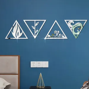 3D acrylic mirror wall stickers featuring four elements in triangle shapes for modern room decor detail.