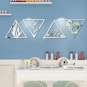 Detailed view of 3D acrylic mirror wall stickers featuring four elements geometric triangle.