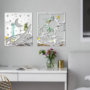 Acrylic 3D sun moon mirror wall sticker, modern home decor adhesive art decal detail.