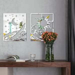 Acrylic wall mirror stickers featuring 3D sun moon and mountain design for home decor detail view.