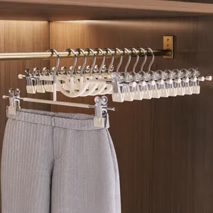 Multi-layer pants hangers with clips, space-saving closet organizers for skirts and trousers.