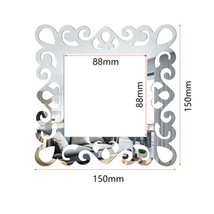 Acrylic mirror wall sticker detail showing square hollow decorative pattern and precise dimensions.
