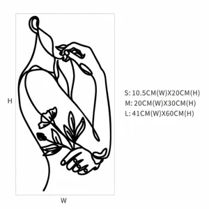 Minimalist line art woman flower acrylic wall sticker detail size chart S M L options.