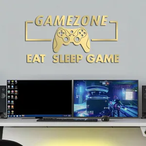 Gaming acrylic mirror wall sticker detail, 3D gold game controller design for game room decor.