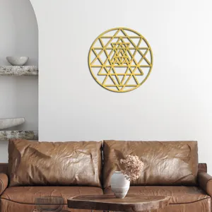 Detailed view of golden sacred geometry wall art sticker, acrylic mirror home decor.