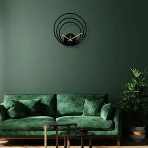 Horloge murale moderne en acrylique 3mm, cercles noirs, aiguilles dorées, déco élégante.