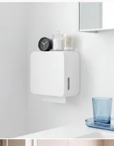 Minimalist white wall-mounted paper towel dispenser detail view in clean modern bathroom.
