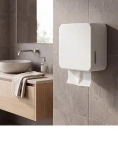Detail shot of a modern wall-mounted paper towel dispenser in clean white for home bathrooms.