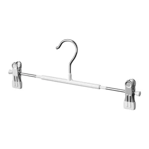 Stainless steel pants hanger with adjustable clips, non-slip skirt rack for home wardrobe storage.